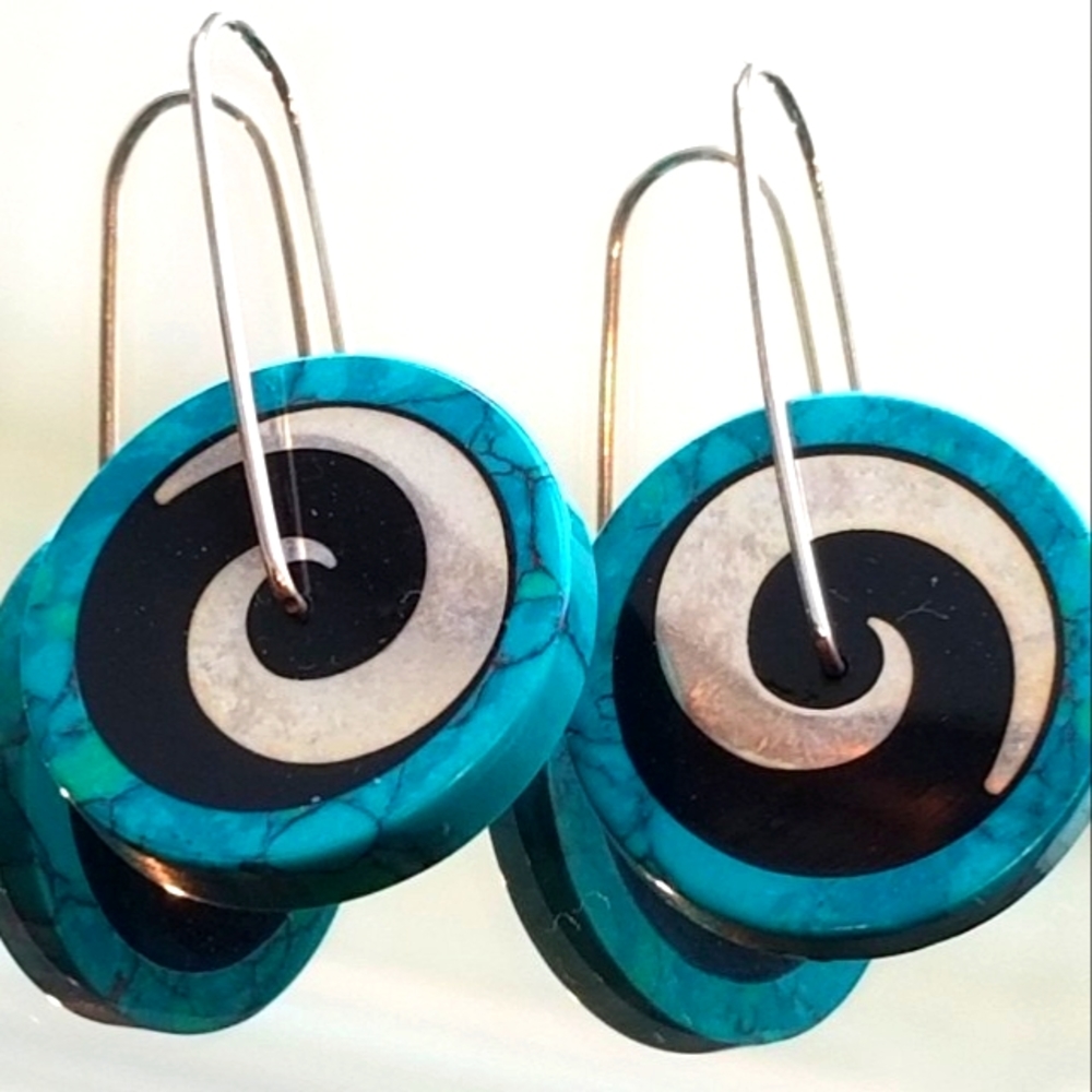 Victoria Varga Spinning Pinwheel Silver, Turquoisr & Black Hanging Earrings